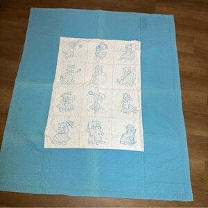 Handcrafted Handmade Blanket Quilt 43x51 Stitched Themed Cats Sky Blue White VTG